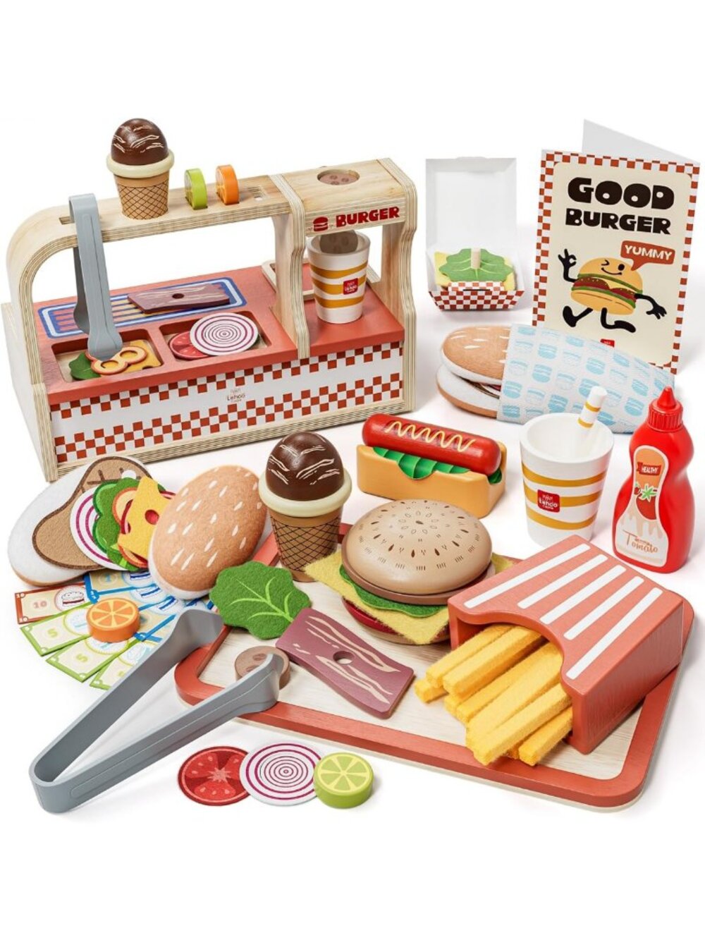 Wooden Fast Food Play Set for Kids | Pretend Play Kitchen Toys, Hamburger & Ice